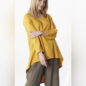 100% Linen TUNIC Long High-Low Mustard Rolled Long Sleeve Top Siz…